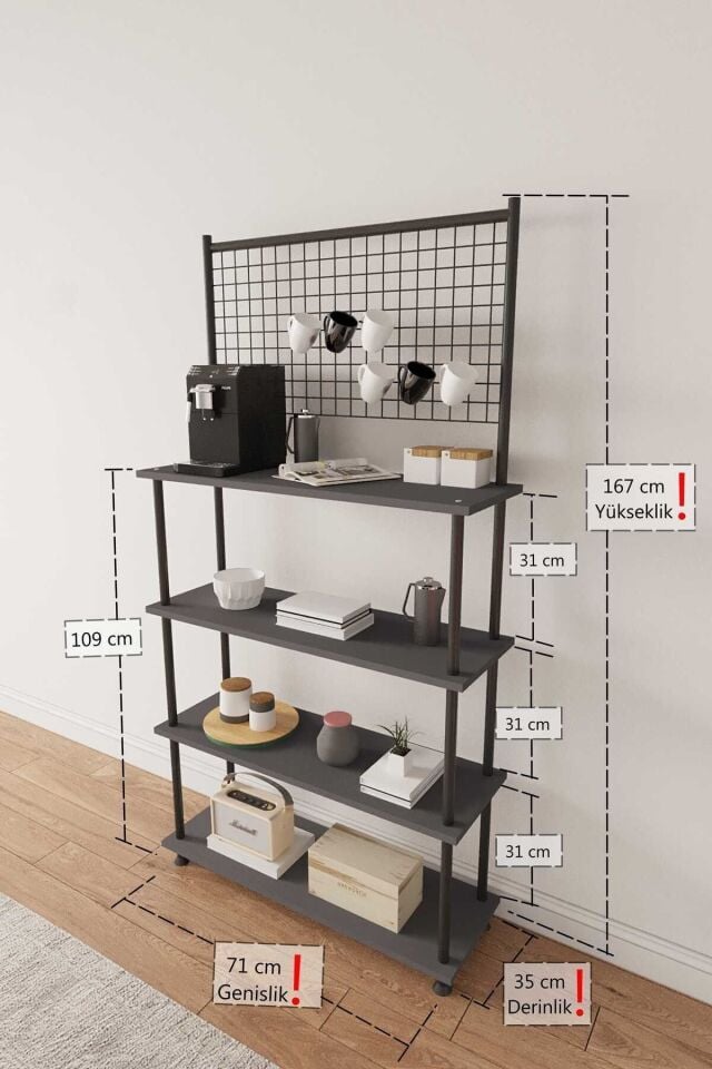 Mobitopya Çevir Kur Atlantik Çam 4 Raflı Kahve Köşesi Dolabı | Mutfak Düzenleyici, Stand, 71x167x35 Cm Antrasit