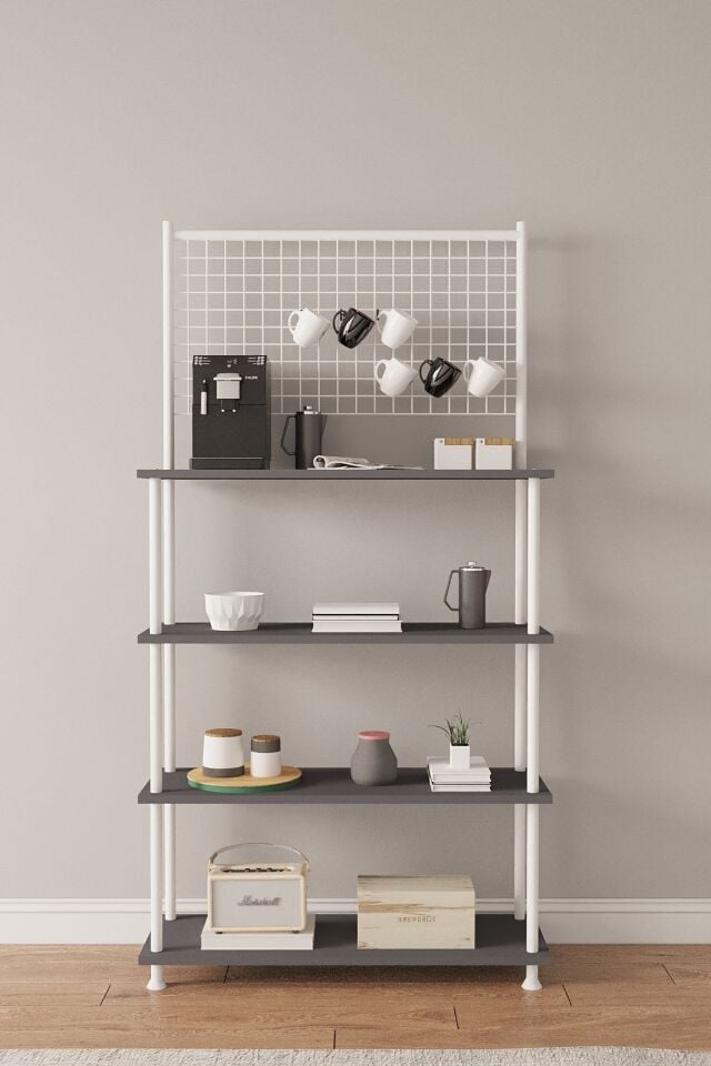 Mobitopya Çevir Kur Antrasit 4 Raflı Kahve Köşesi Dolabı | Mutfak Düzenleyici, Stand, 71x167x35 Cm Antrasit - Beyaz Demir
