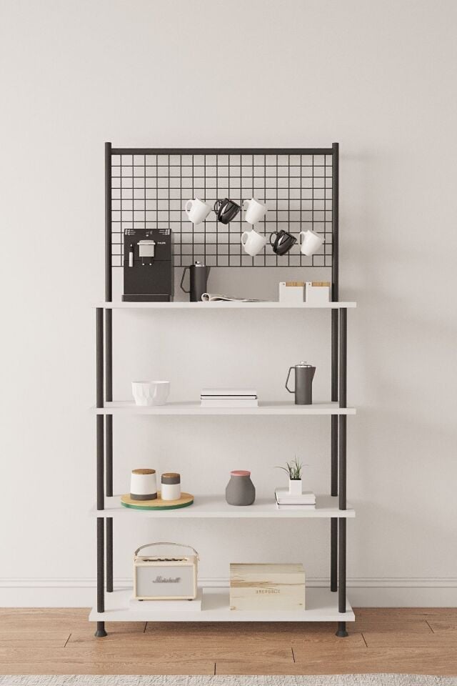 Mobitopya Çevir Kur Antrasit 4 Raflı Kahve Köşesi Dolabı | Mutfak Düzenleyici, Stand, 71x167x35 Cm Beyaz - Siyah Demir