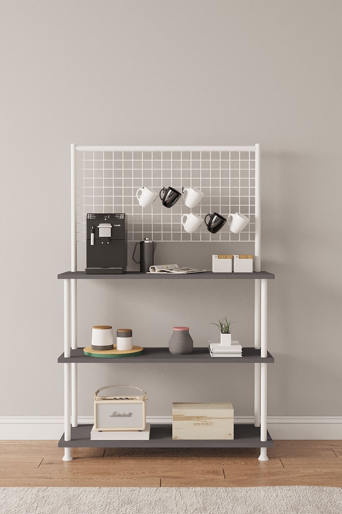 Mobitopya Çevir Kur Raflı Kahve Köşesi Dolabı | Mutfak Düzenleyici Stand 71x134x35 cm Antrasit - Beyaz Demir