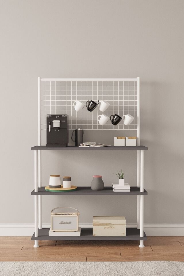 Mobitopya Çevir Kur Raflı Kahve Köşesi Dolabı | Mutfak Düzenleyici Stand 71x134x35 cm Antrasit - Beyaz Demir