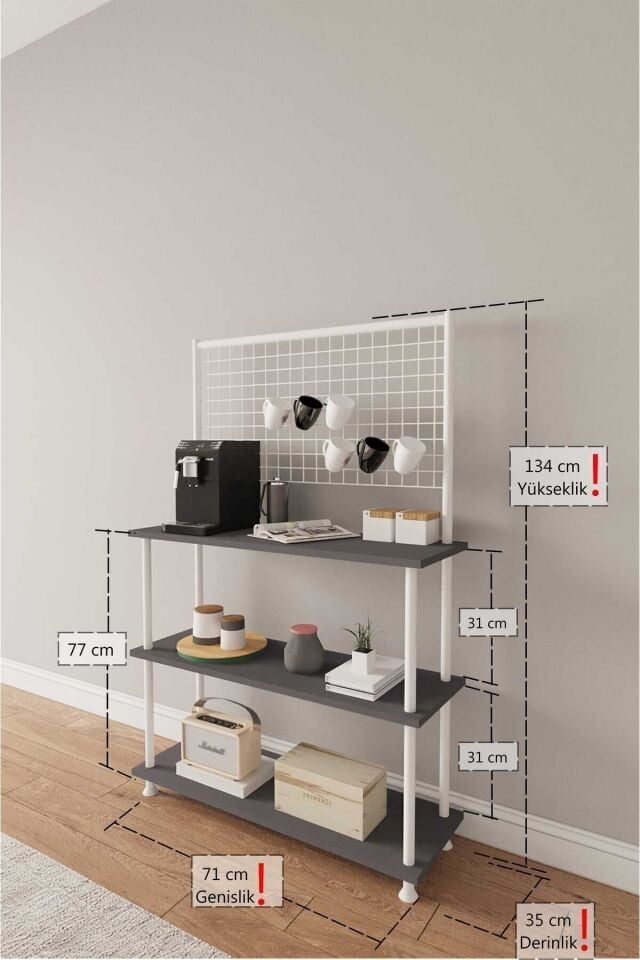 Mobitopya Çevir Kur Raflı Kahve Köşesi Dolabı | Mutfak Düzenleyici Stand 71x134x35 cm Antrasit - Beyaz Demir