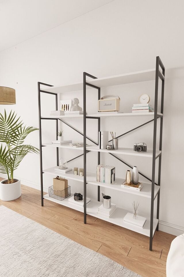 Mobitopya 5 Raflı Kitaplık | Ofis & Ev Için Organizer Raf Ünitesi 150×170×34 Cm Beyaz - Siyah Demir