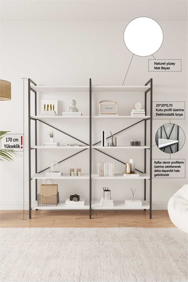 Mobitopya 5 Raflı Kitaplık | Ofis & Ev Için Organizer Raf Ünitesi 150×170×34 Cm Beyaz - Siyah Demir