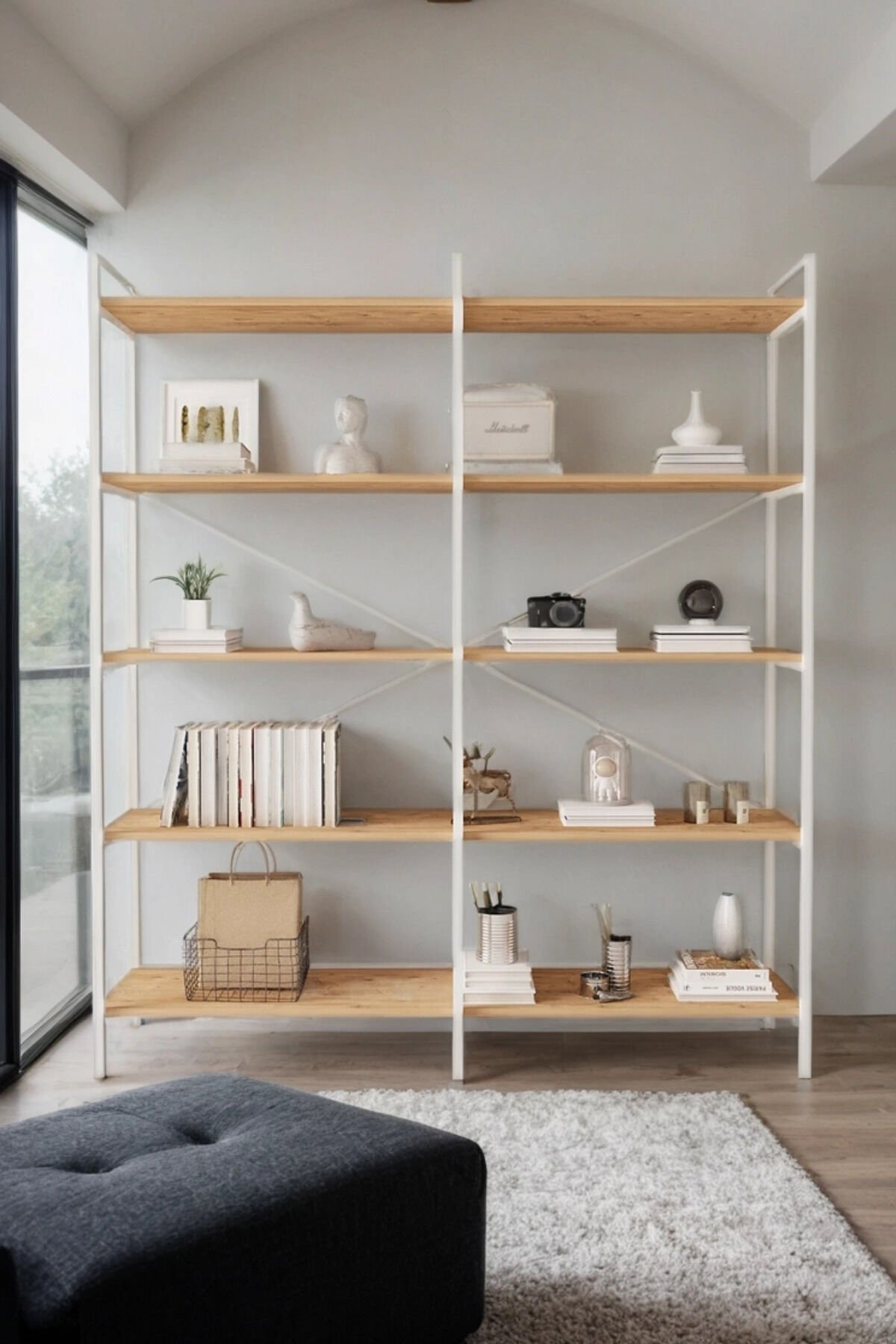 Mobitopya 5 Raflı Kitaplık | Ofis & Ev Için Organizer Raf Ünitesi 150×170×34 Cm Atlantik Çam - Beyaz Demir