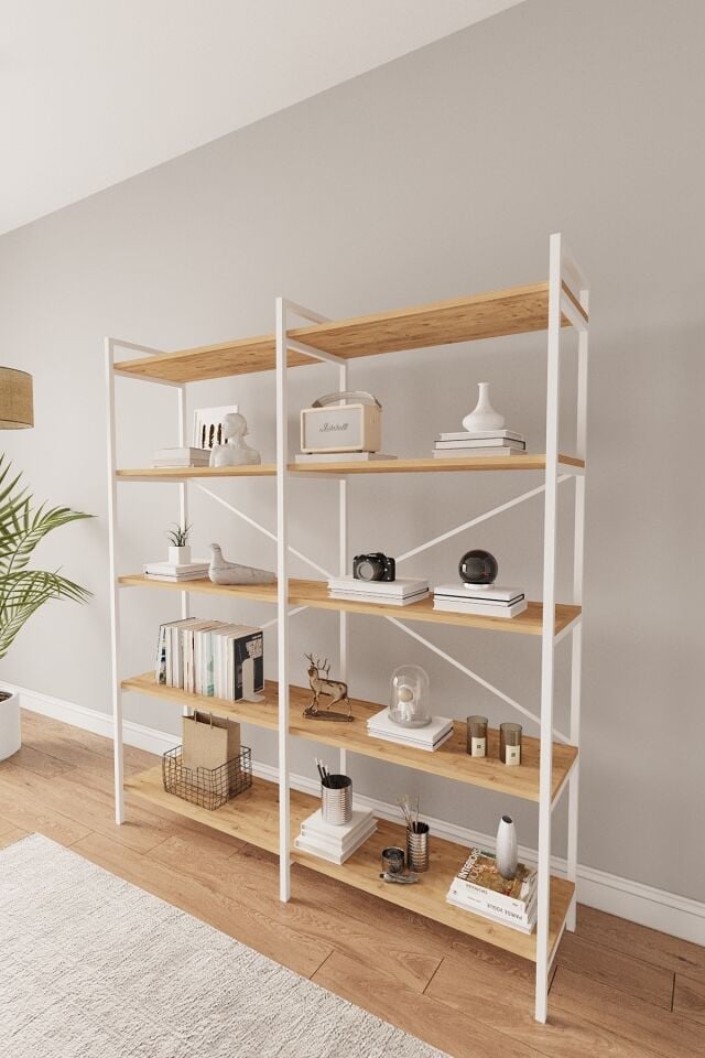 Mobitopya 5 Raflı Kitaplık | Ofis & Ev Için Organizer Raf Ünitesi 150×170×34 Cm Atlantik Çam - Beyaz Demir