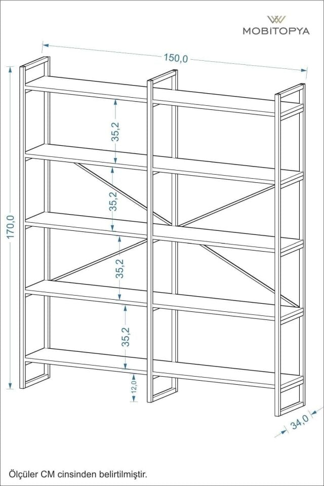 Mobitopya 5 Raflı Kitaplık | Ofis & Ev Için Organizer Raf Ünitesi 150×170×34 Cm Antrasit
