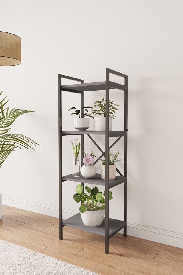 Nilamu Antrasit Saksılık | 4 Raflı Metal Aksamlı Organizer | Ofis Ev Dekoratif 45×135×30 Cm