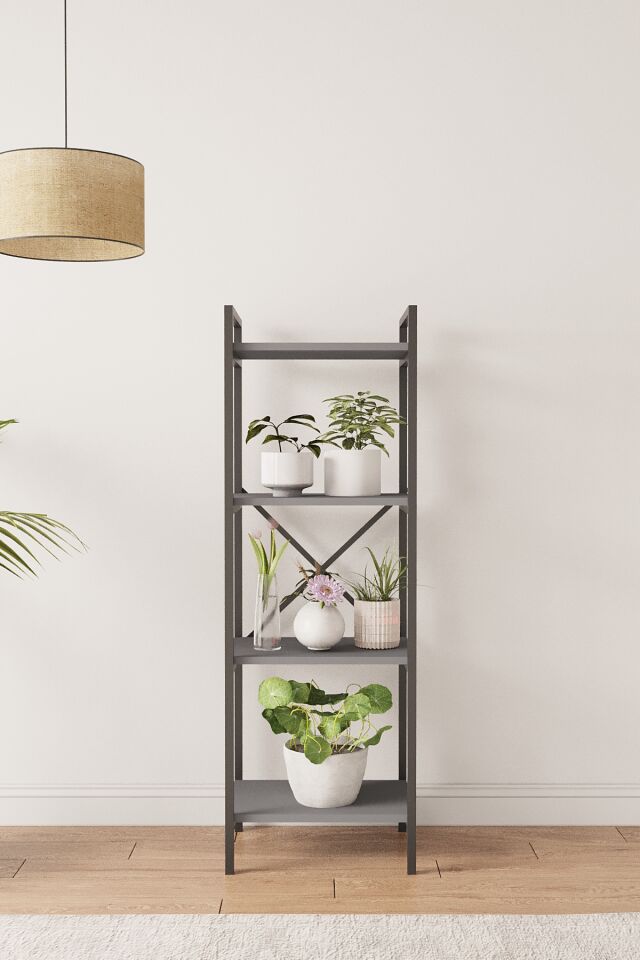 Nilamu Antrasit Saksılık | 4 Raflı Metal Aksamlı Organizer | Ofis Ev Dekoratif 45×135×30 Cm