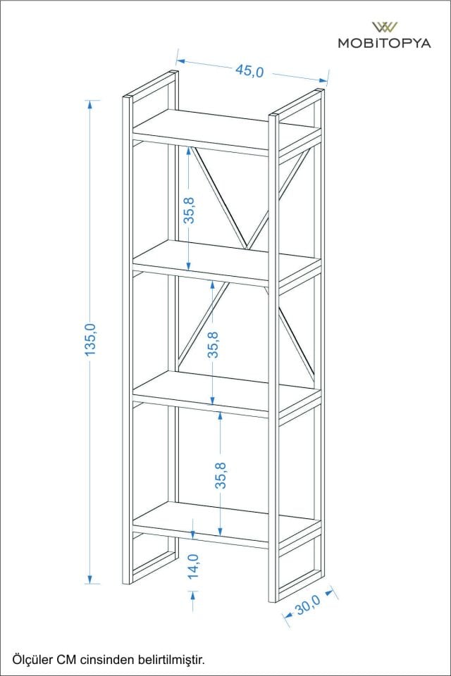 Nilamu Antrasit Saksılık | 4 Raflı Metal Aksamlı Organizer | Ofis Ev Dekoratif 45×135×30 Cm