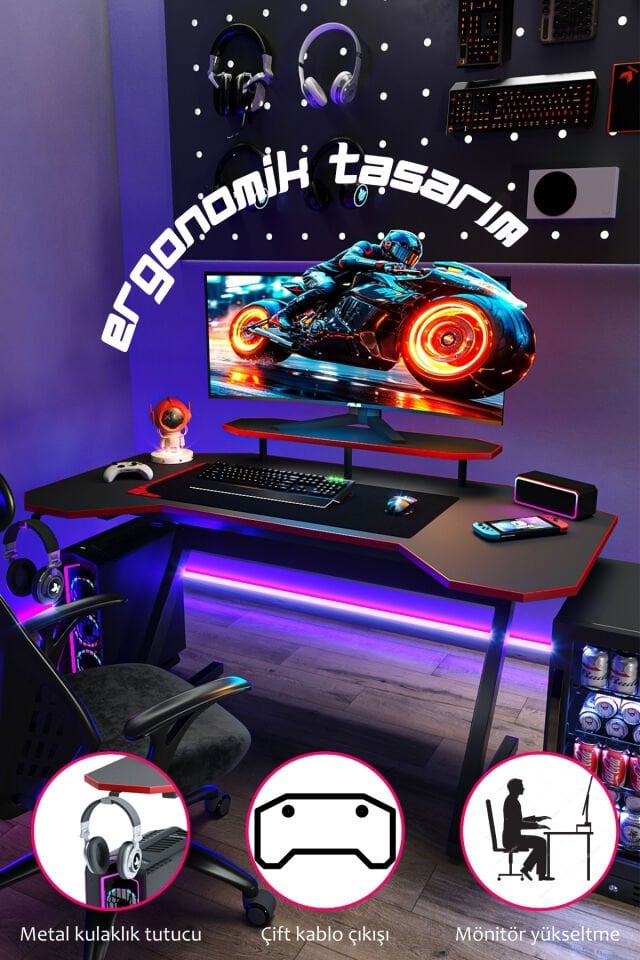 Mobitopya RGB Işıklı Ergonomik Oyuncu Masası – Geniş Alanlı, Monitör Standlı Gaming Bilgisayar Masası