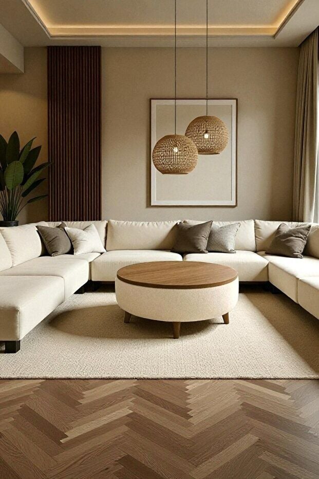 Yuvarlak Modern Orta Sehpa – Ahşap Tablalı Beyaz Puf - Dekoratif Tasarım - Ceviz Renk - 60*32 cm