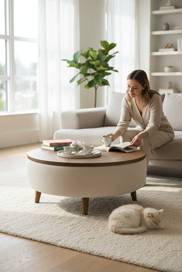 Yuvarlak Modern Orta Sehpa – Ahşap Tablalı Beyaz Puf - Dekoratif Tasarım - Ceviz Renk - 60*32 cm