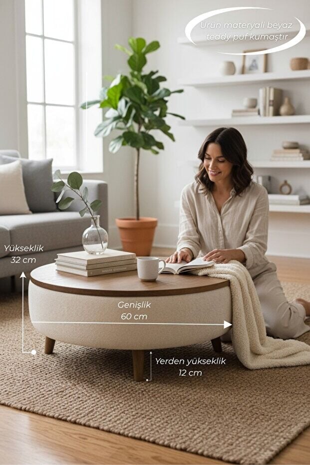 Yuvarlak Modern Orta Sehpa – Ahşap Tablalı Beyaz Puf - Dekoratif Tasarım - Ceviz Renk - 60*32 cm