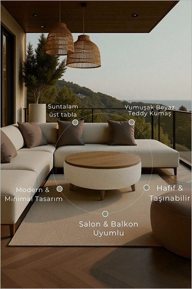 Yuvarlak Modern Orta Sehpa – Ahşap Tablalı Beyaz Puf - Dekoratif Tasarım - Ceviz Renk - 60*32 cm