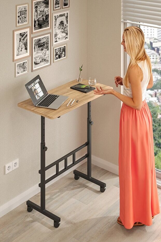 Mobitopya Yükseklik Ayarlı Ergonomik Çalışma Masası Atlantik Çam Siyah Demir – Ev Ofis Bilgisayar Masası
