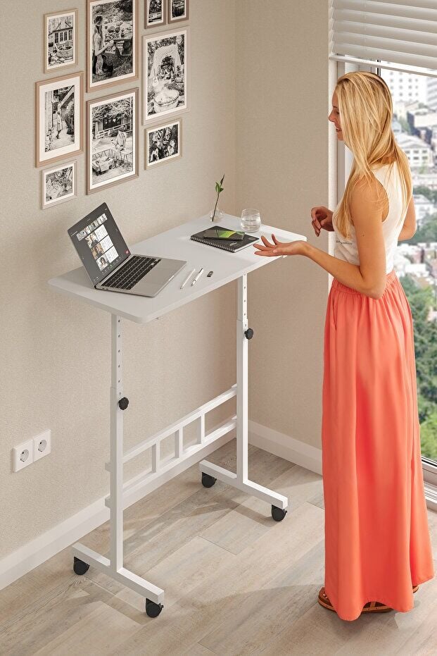 Mobitopya Yükseklik Ayarlı Ergonomik Çalışma Masası Beyaz - Beyaz Demir – Ev Ofis Bilgisayar Masası