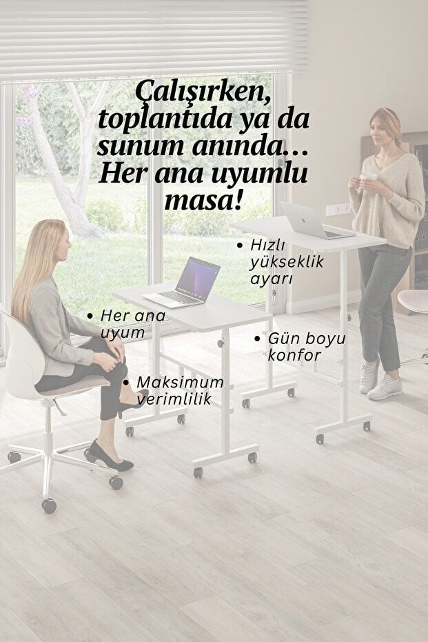 Mobitopya Yükseklik Ayarlı Ergonomik Çalışma Masası Beyaz - Beyaz Demir – Ev Ofis Bilgisayar Masası