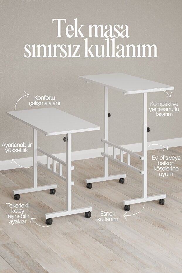 Mobitopya Yükseklik Ayarlı Ergonomik Çalışma Masası Beyaz - Beyaz Demir – Ev Ofis Bilgisayar Masası