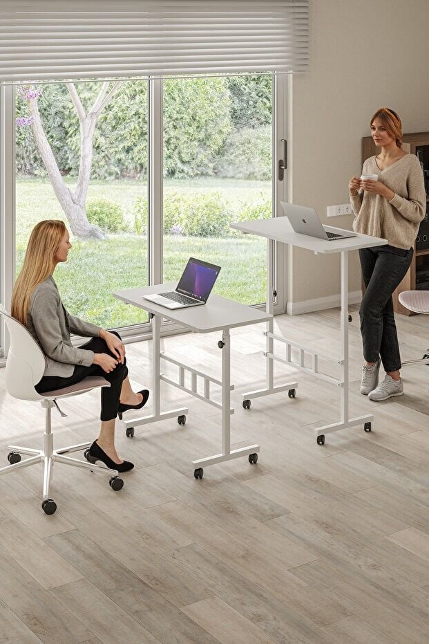 Mobitopya Yükseklik Ayarlı Ergonomik Çalışma Masası Beyaz - Beyaz Demir – Ev Ofis Bilgisayar Masası