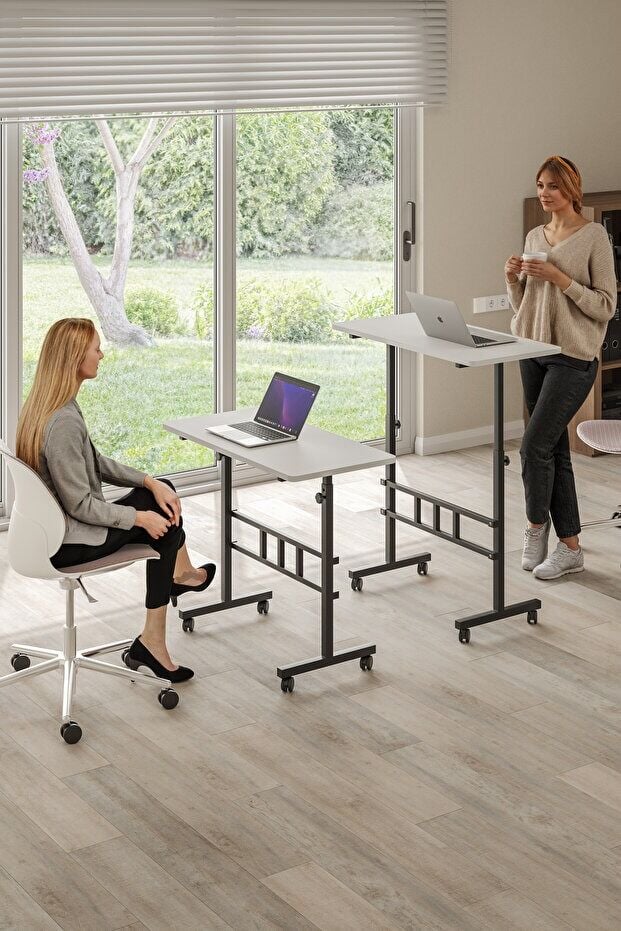 Mobitopya Yükseklik Ayarlı Ergonomik Çalışma Masası Beyaz - Siyah Demir – Ev Ofis Bilgisayar Masası