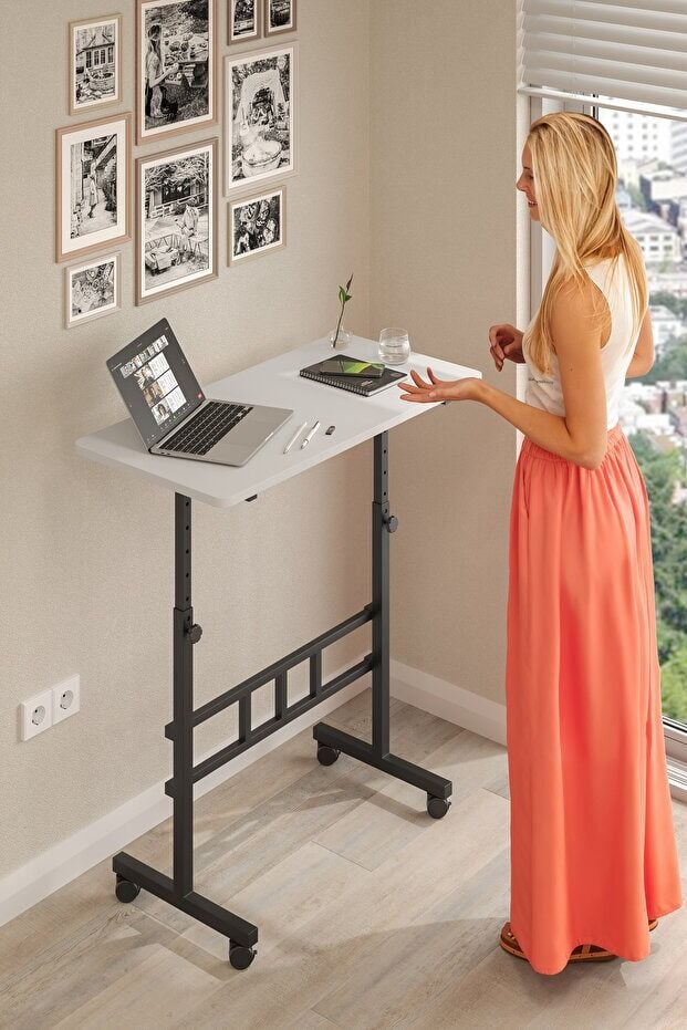 Mobitopya Yükseklik Ayarlı Ergonomik Çalışma Masası Beyaz - Siyah Demir – Ev Ofis Bilgisayar Masası