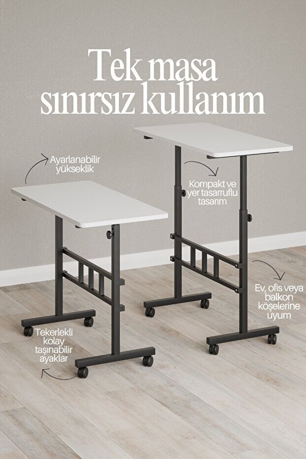 Mobitopya Yükseklik Ayarlı Ergonomik Çalışma Masası Beyaz - Siyah Demir – Ev Ofis Bilgisayar Masası