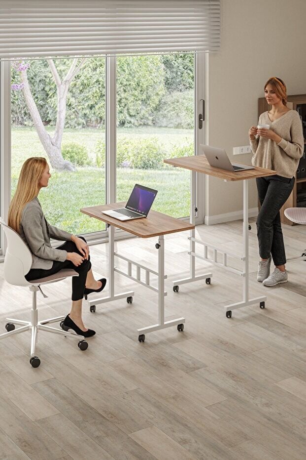 Yükseklik Ayarlı Ergonomik Çalışma Masası Atlantik Çam - Beyaz Demir – Ev Ofis Bilgisayar Masası