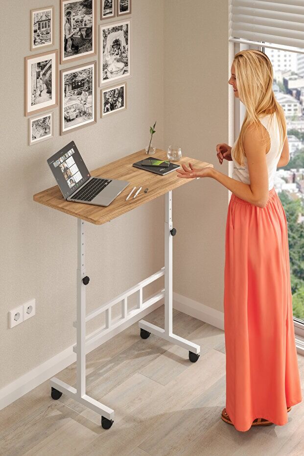 Yükseklik Ayarlı Ergonomik Çalışma Masası Atlantik Çam - Beyaz Demir – Ev Ofis Bilgisayar Masası