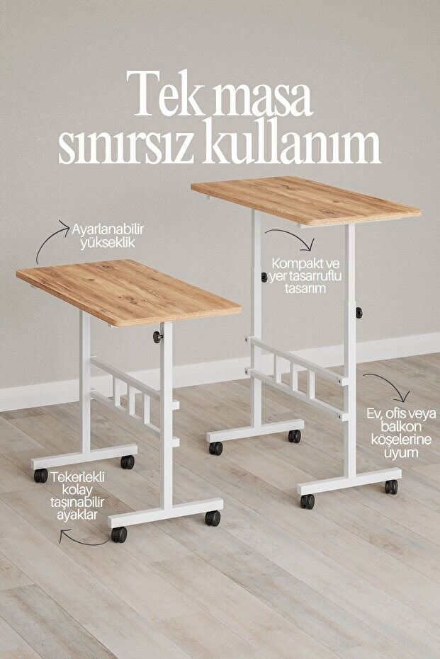 Yükseklik Ayarlı Ergonomik Çalışma Masası Atlantik Çam - Beyaz Demir – Ev Ofis Bilgisayar Masası