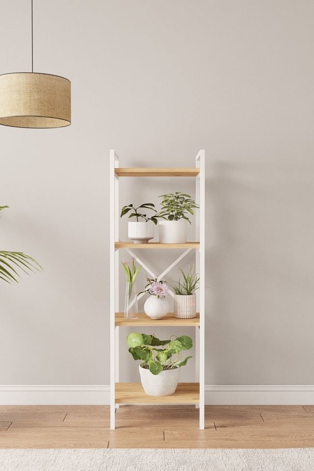 Mobitopya Nilamu Saksılık | 4 Raflı Metal Aksamlı Organizer | Ofis Ev Dekoratif 45×135×30 Cm