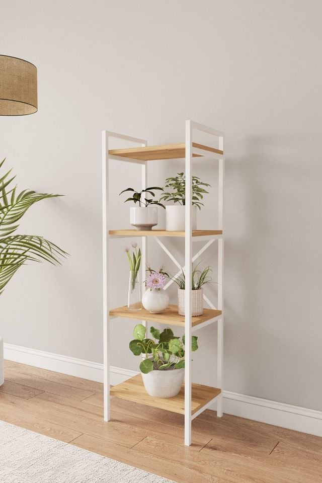 Mobitopya Nilamu Saksılık | 4 Raflı Metal Aksamlı Organizer | Ofis Ev Dekoratif 45×135×30 Cm